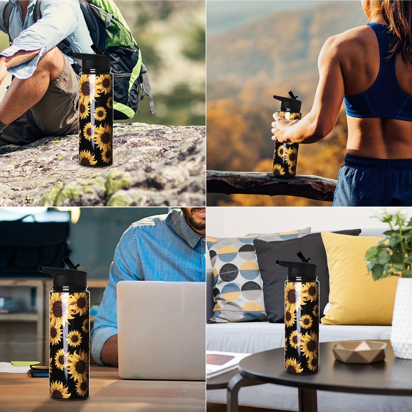 Sunflower Sports Water Bottle: 24oz stainless steel vacuum cup with 4 lids, straw, brush. Portable thermal bottle for camping, hiking, fitness. Perfect summer drinkware and travel accessory. Ideal for birthday gifts.