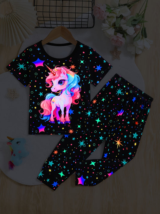 Qizlar uchun pushti unicorn va yulduz naqshli pijama to'plami, olovga chidamli, qulay qisqa yengli ko'ylak va uzun shimlar, bahor/kovak sovg'asi uchun ideal, mashinada yuvish mumkin.