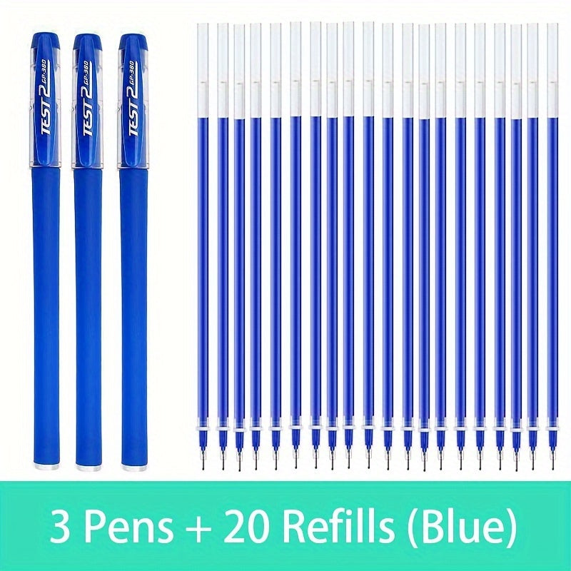 Set of gel pens in black, blue, and red with 0.5mm bullet tips for school and office supplies, kawaii stationery accessories.