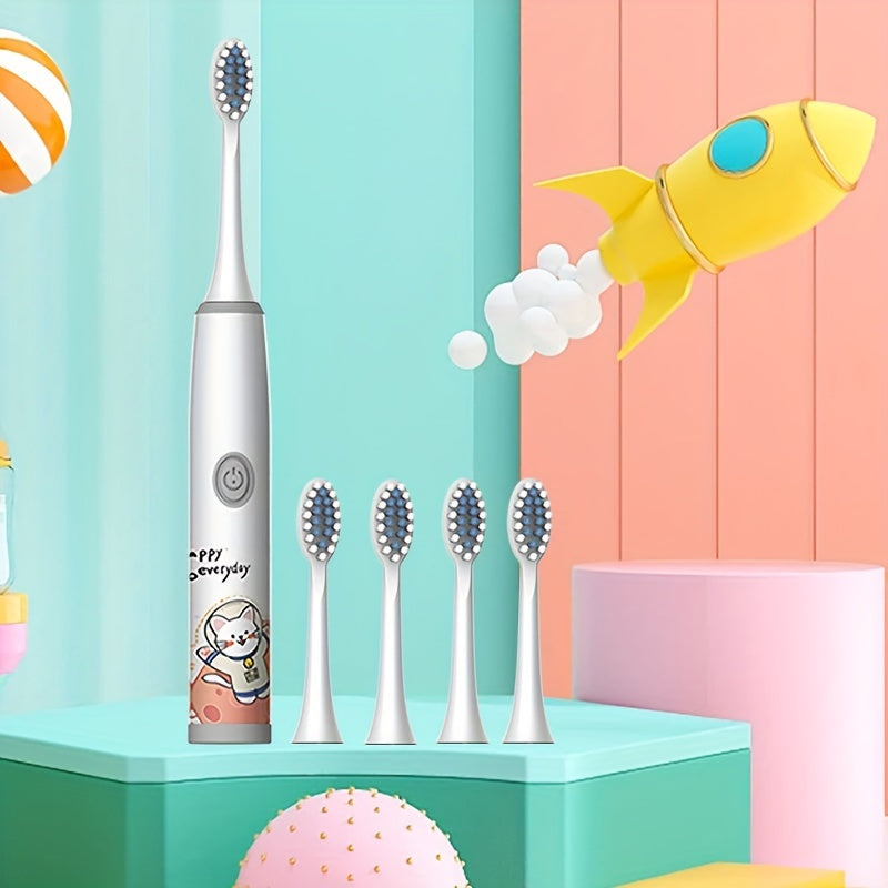 Cartoon Space Series Electric Toothbrush with 5 brush heads, battery powered, soft bristle, 2-minute timer, deep clean, cavity protection, perfect birthday gift.