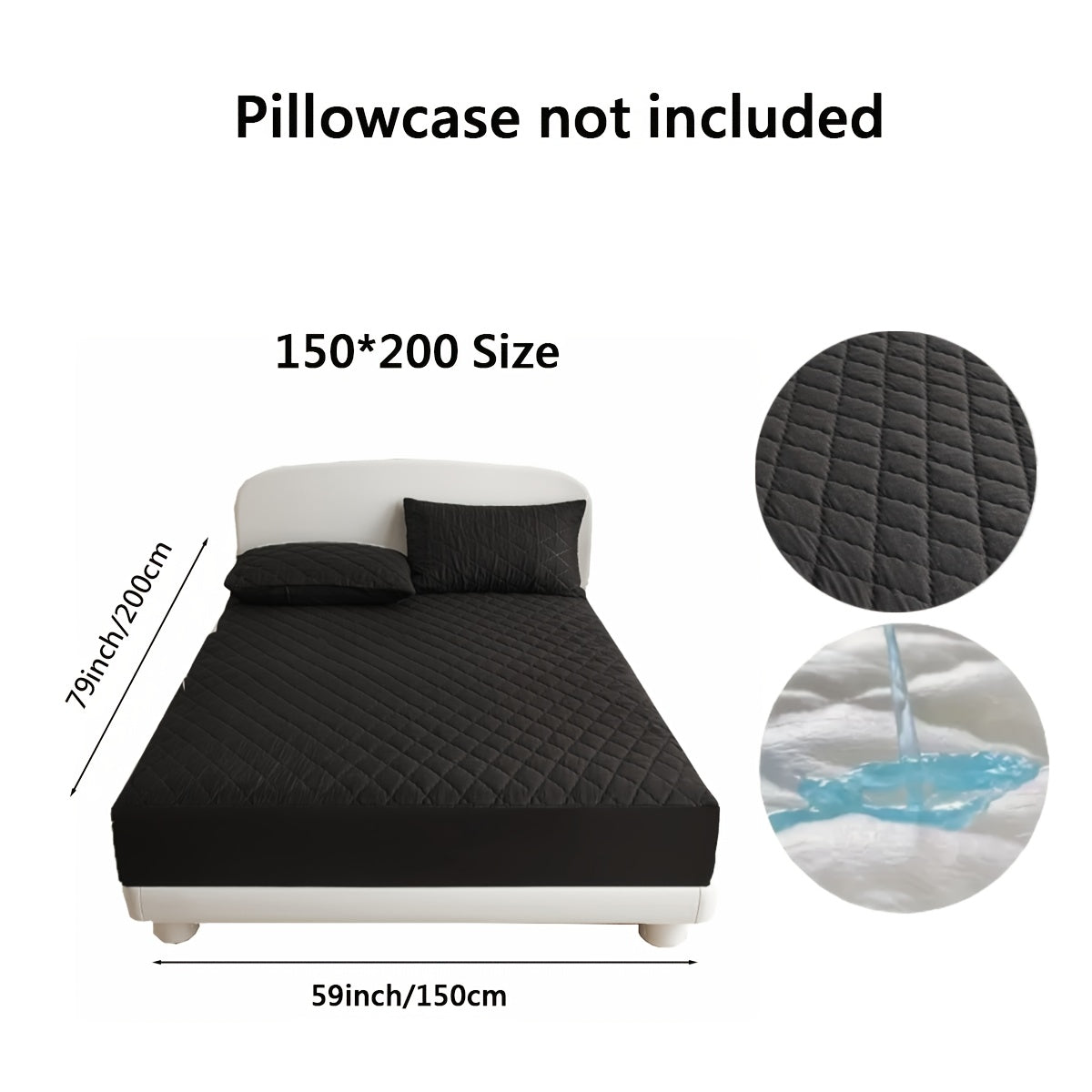 Diamond quilted waterproof bed sheet protector made of 100% woven polyester. Machine washable and available in multiple sizes (pillow shams not included).