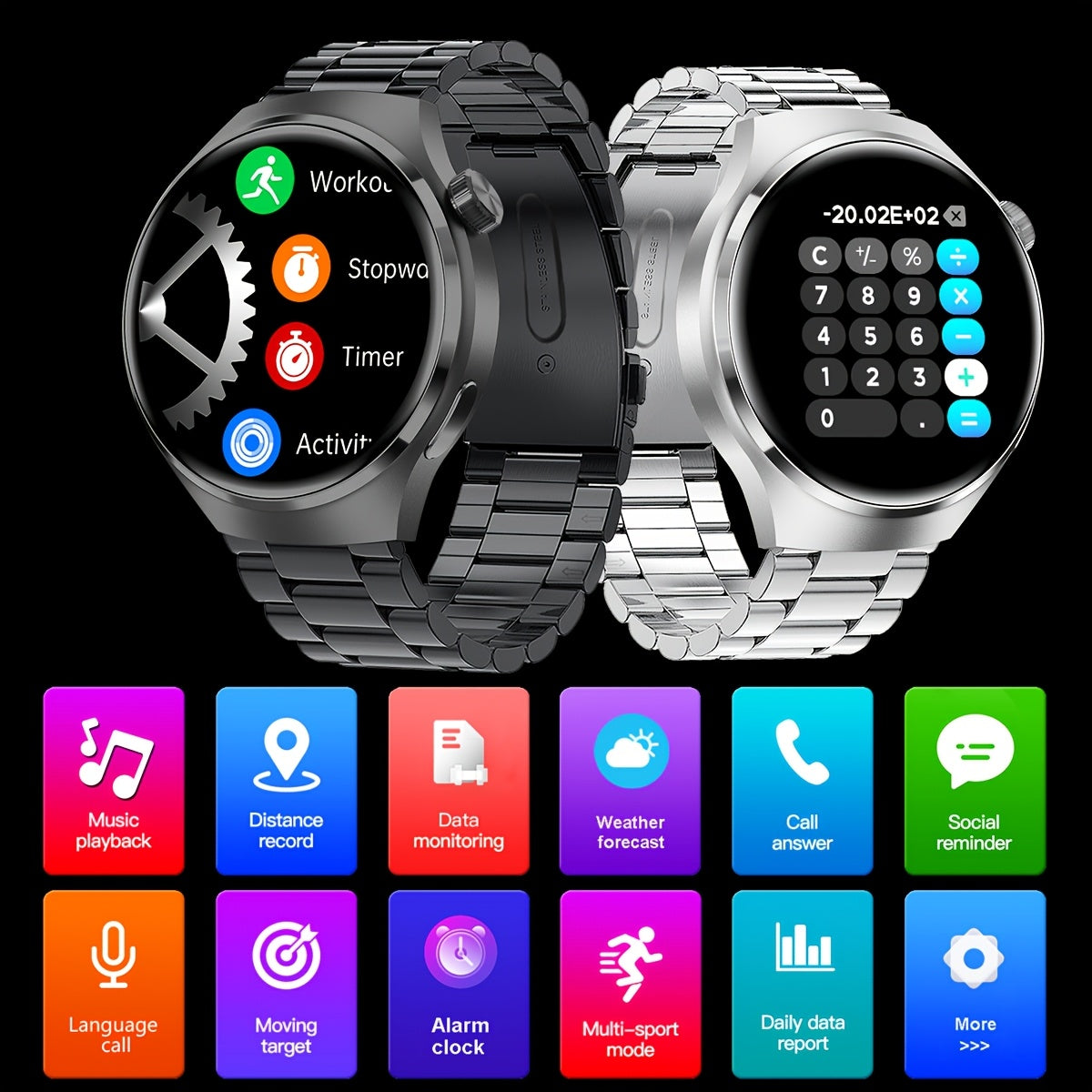 COIUSOR Men's smartwatch features 1.39-inch full touch display, stainless steel strap, 100+ sports modes, HD calls, weather updates, reminders, rechargeable lithium battery, water