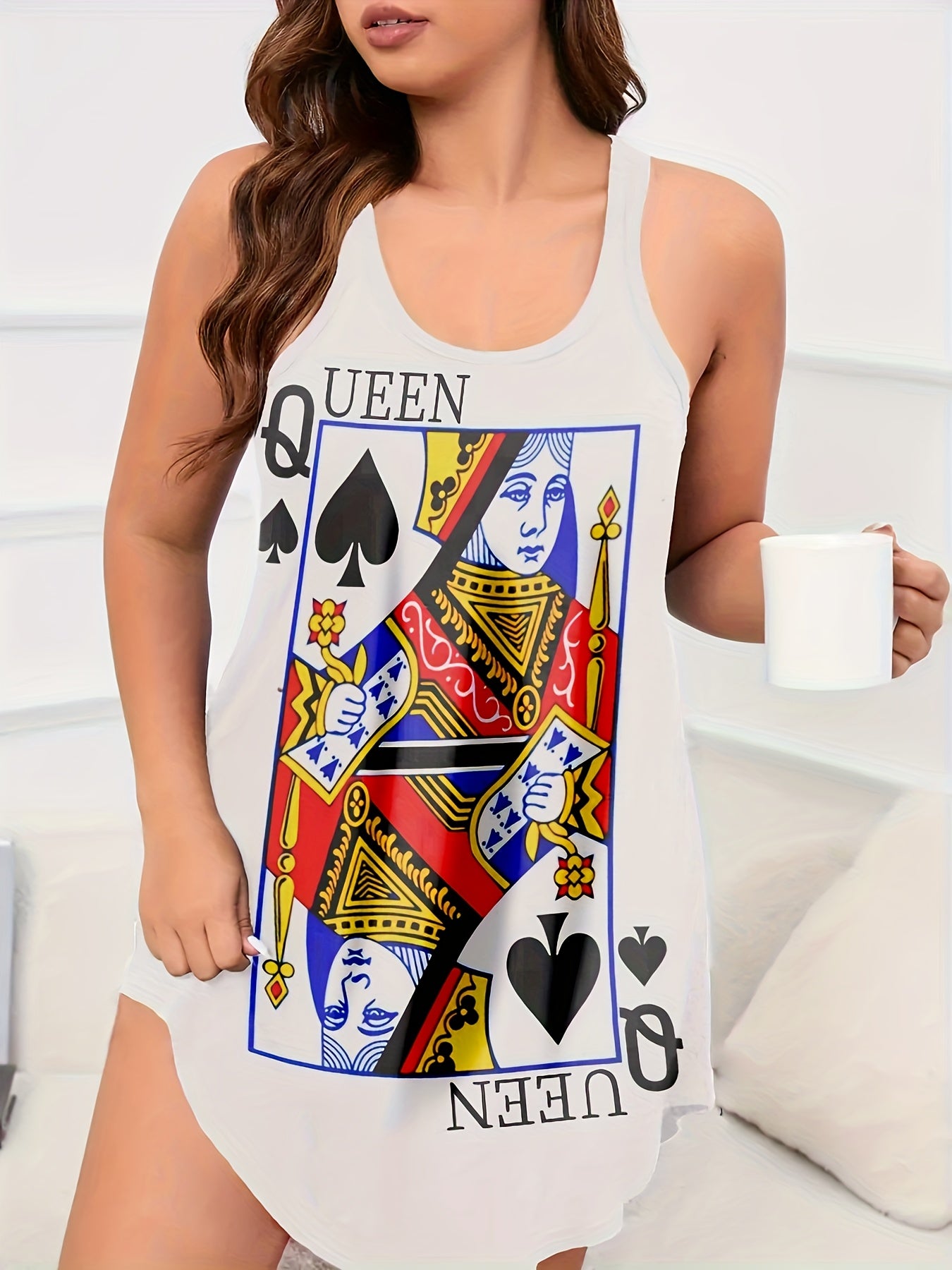 Women's casual poker print nightgown with round neck and racer back tank style - perfect for sleepwear.