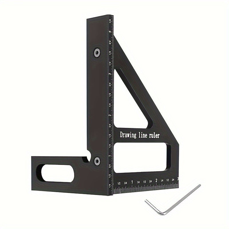 Aluminum woodworking square ruler for carpentry and DIY projects, measuring 45 and 90 degree angles.