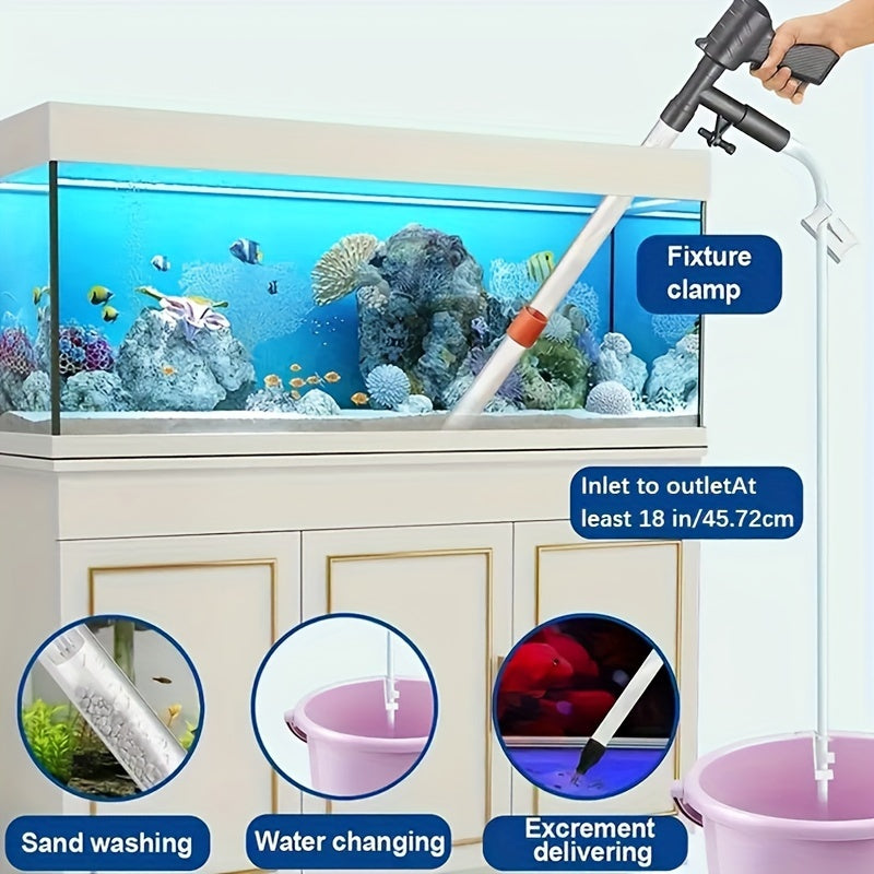 Aquarium gravel vacuum cleaner with adjustable water flow and easy siphon for fish tank maintenance, cleaning, and water changes. Features air push button.