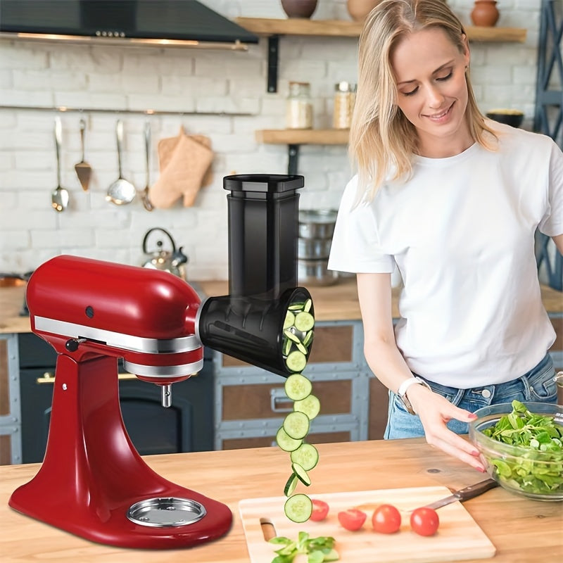 1 piece of slicer/shredder accessory designed for KitchenAid desktop blender. This accessory is suitable for slicing and grating cheese, as well as shredding vegetables for salads. It comes with 4 blades but is not recommended for cleaning in the