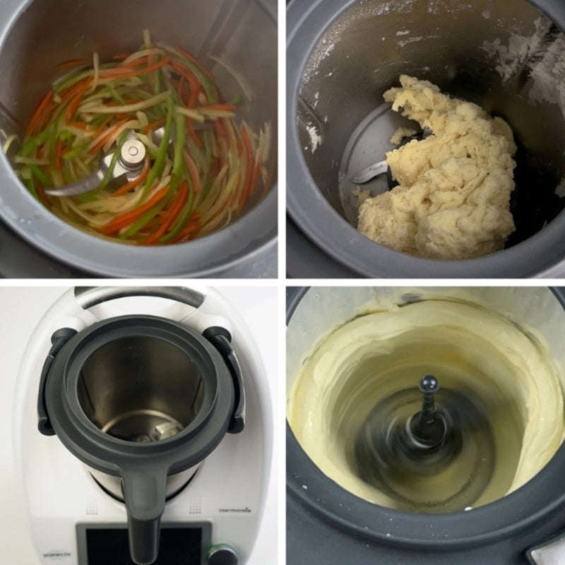 "Thermomix SPAETZLE tayyorlash uchun qo'shimcha to'plami katta teshikli qozon qopqog'i, xamir tarqatuvchi va TM6 TM5 uchun oziq-ovqat darajasidagi plastik oshxona aralashtirgich aksessuarini o'z ichiga oladi. Ofisda foydalanish uchun mukammal."