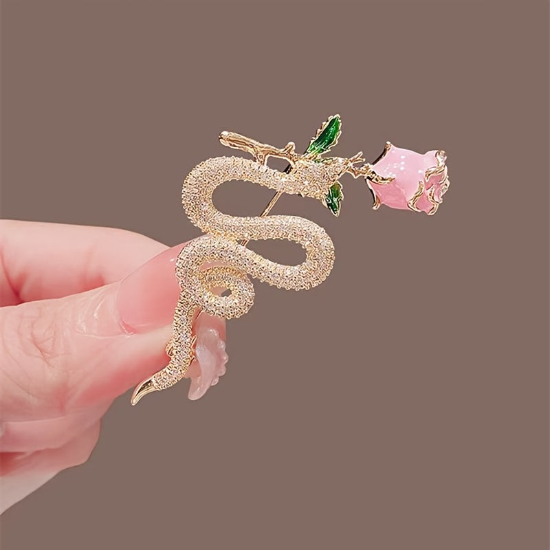 Stylish Rose Bouquet & Serpent Brooch - Exquisite Rhinestone Detailing, Ideal for Sweaters and Suits