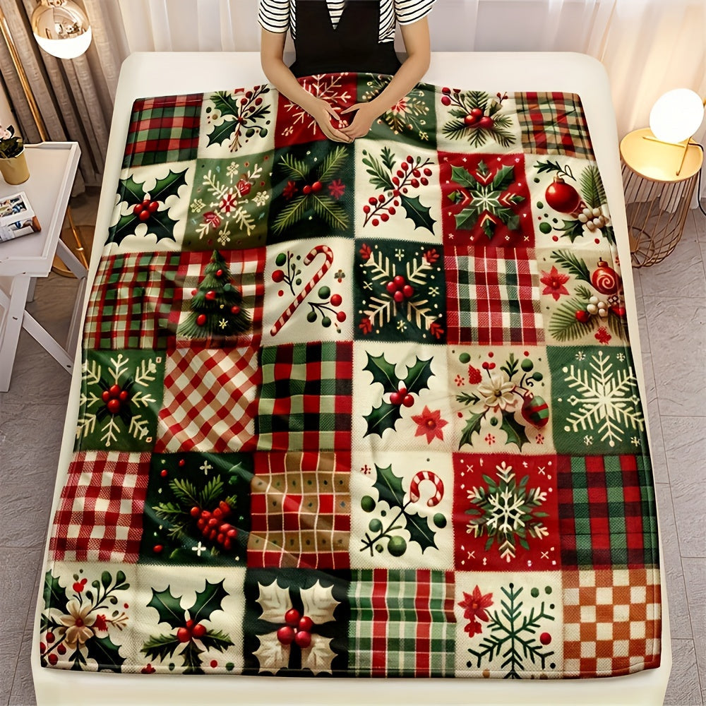 1 piece Traditional Christmas Patchwork Fleece Blanket featuring Festive Holiday Home Decor, Classic Red & Green Patterns. This blanket is Soft & Cozy, All-Season, Tear-Resistant, Machine Washable with a Digital Print design. Made of Polyester, Quilted