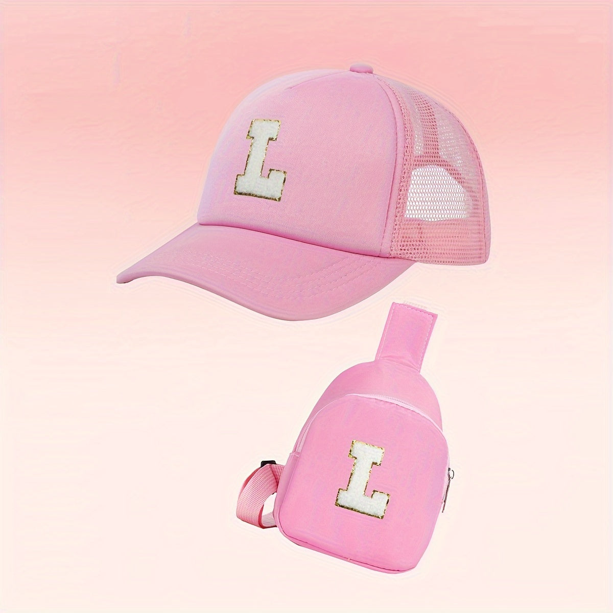 Alphabet-themed 2-piece set for girls includes a polyester baseball cap and bag, suitable for ages 3-14. Features a fitted, breathable design ideal for daily wear and special occasions