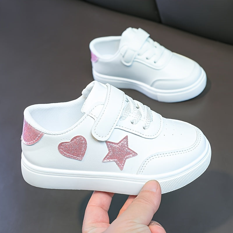 Cute sports shoes with heart and star designs, lightweight and comfy for year-round wear.