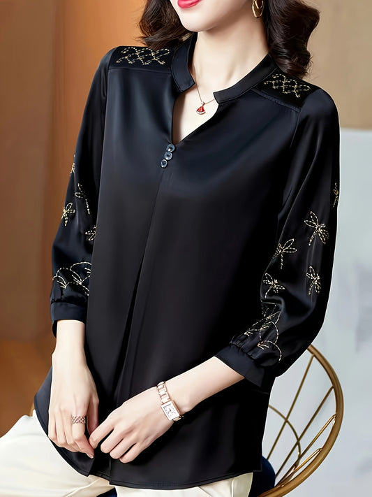 Notched Neck Blouse with 3/4 Sleeve Embroidery for Women's Spring & Fall Collection