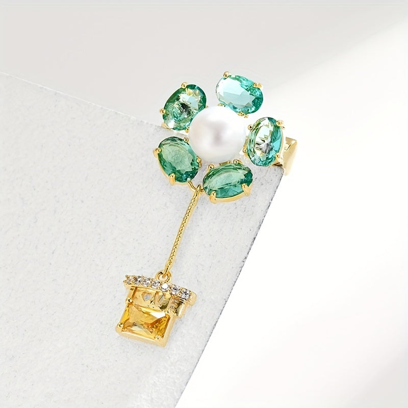 Elegant Vintage-Inspired Green Zirconia and Pearl Flower Pot Brooch, Quirky Plant-Shaped Fashion Pin with a Touch of Simplicity, Luxurious Designer Accessory