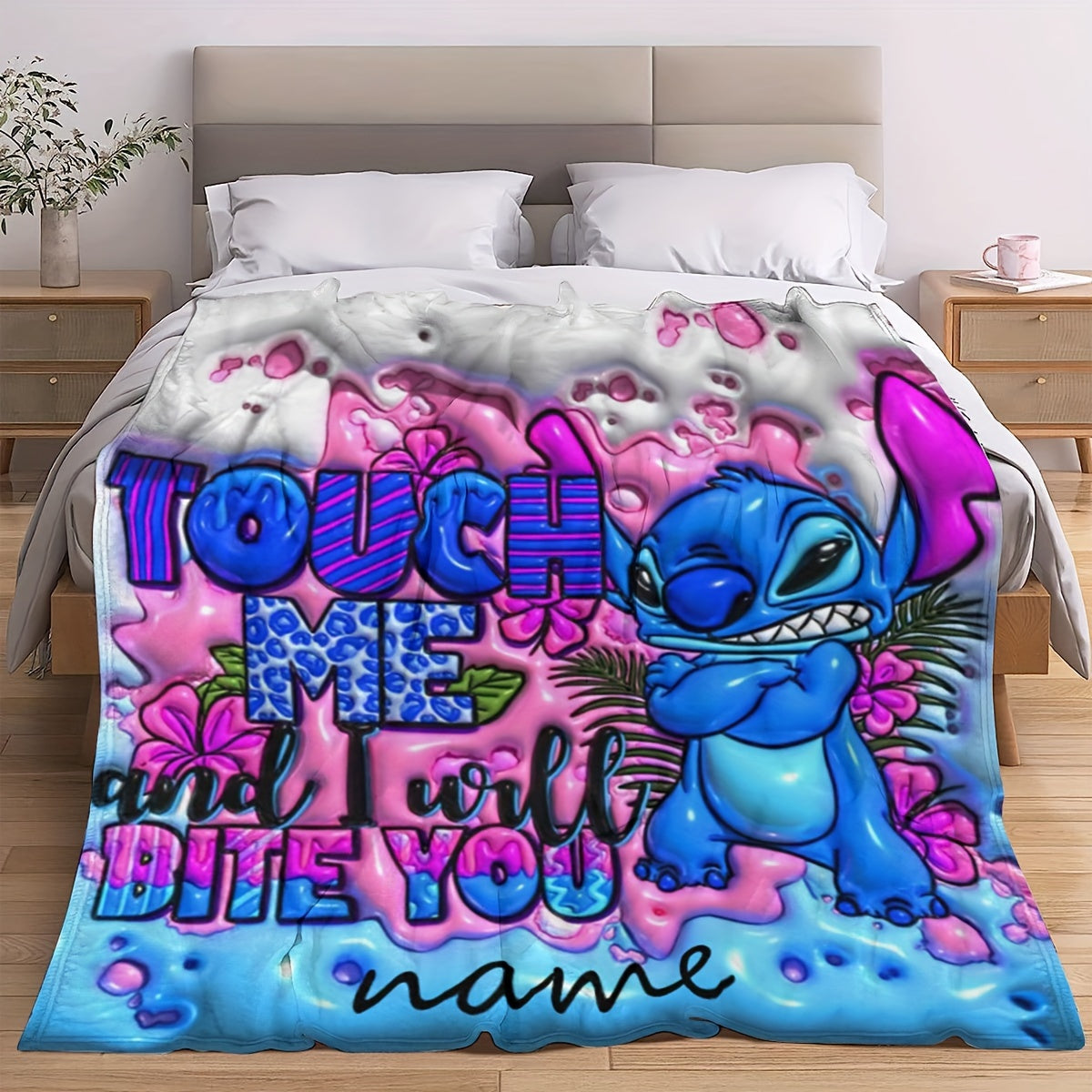 This ultra-soft and durable fleece throw blanket features a custom name print, with a contemporary style in mixed colors and an anime theme. It is reversible and suitable for all seasons, making it a versatile and multi-purpose addition to your home.