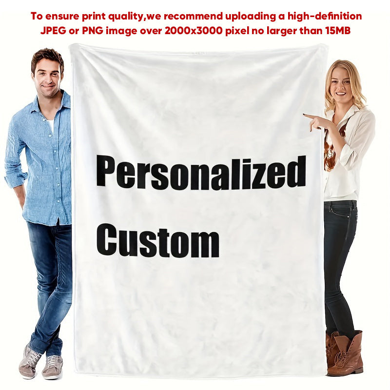 This custom photo blanket features a personalized image on soft flannel fabric that is durable and fade-resistant. Perfect for all seasons, it is ideal for home décor, weddings, birthdays, Valentine's Day, and special occasions. Made of 100% polyester