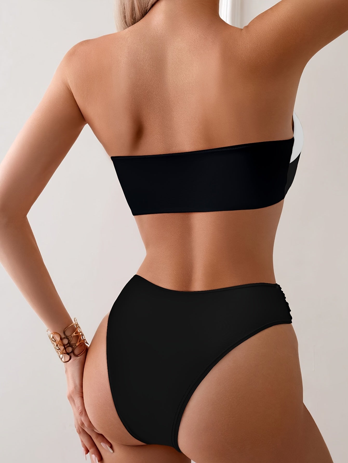 COZOK Women's Two-Way Strapless Bikini in Black and White, High Stretch Knit, Solid Color with Frill Detail, Perfect for the Beach.