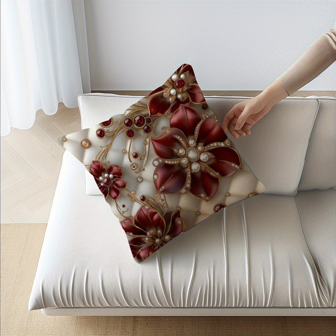 Single-side printed throw pillow cover with 3D floral pearl design, made of peach skin material, 45*45cm in size.