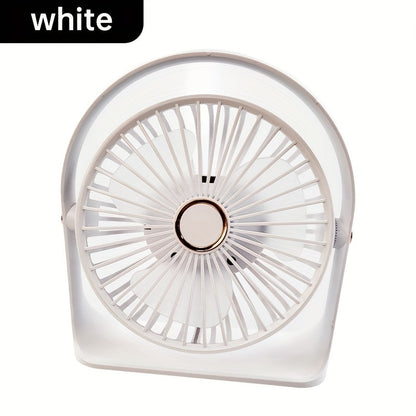 The Portable LED Display Fan features a 6-inch transparent blade with backlighting, designed to be clipped on or used with the stand. It is USB rechargeable with a 1200mAh lithium battery and operates quietly, making it perfect for use in offices