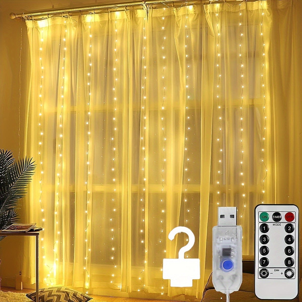 These USB-Powered Fairy Curtain Lights come with a remote control and feature 8 different modes, dimmable settings, and a timer. They are perfect for adding ambiance to weddings, parties, home decor, and bedroom decor. Choose from 300, 200, or 100 LEDs