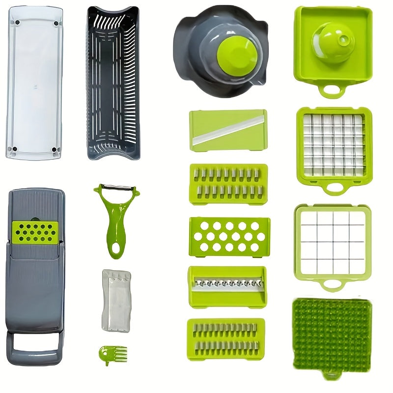 Get ready to slice, dice, and julienne your vegetables in a snap with this 16-piece multifunctional vegetable slicer and dicer! Featuring interchangeable blades for easy meal prep, this set includes a slicer with 8 blades and a convenient container for