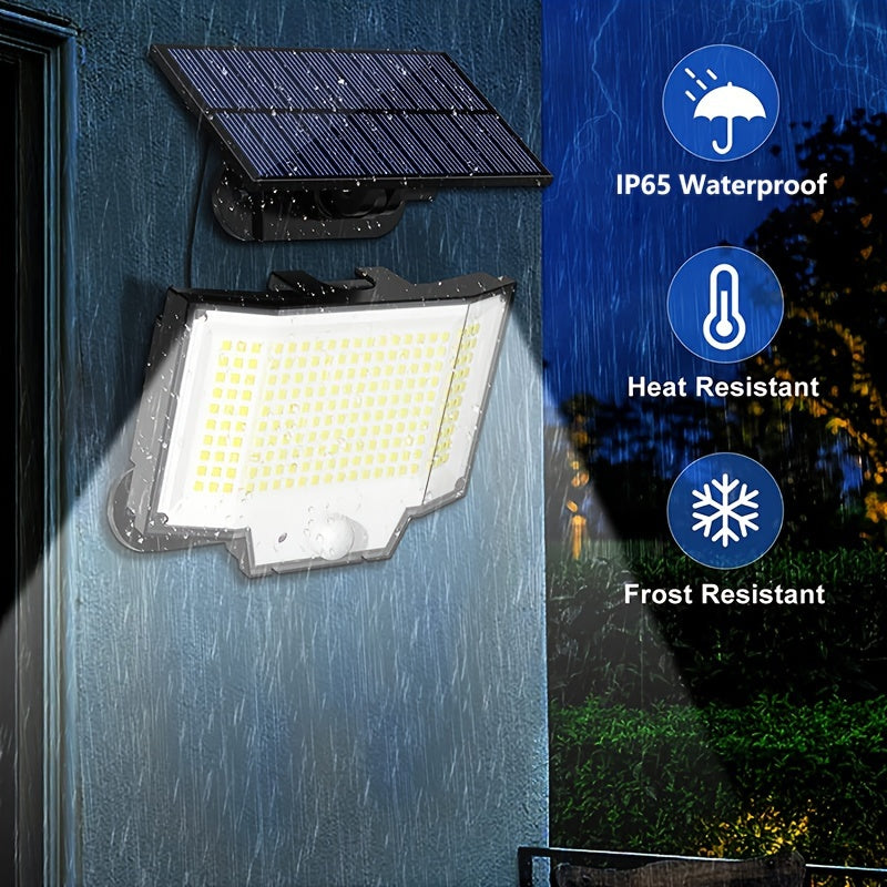 Solar-powered outdoor wall light with motion sensor, 200 LEDs, remote control, 3 lighting modes, wide angle illumination, security floodlight, 5.03m cable, dusk to dawn, for indoor &