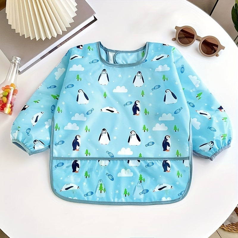 New collection of children's mealtime clothing featuring anti-stain, waterproof, and cartoon printed designs for boys and girls.