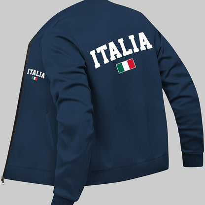 Stylish Italian Flag Print Bomber Jacket for men in red with zipper pockets, stand collar, and long sleeves. Perfect for fall and winter. Casual sporty outerwear.