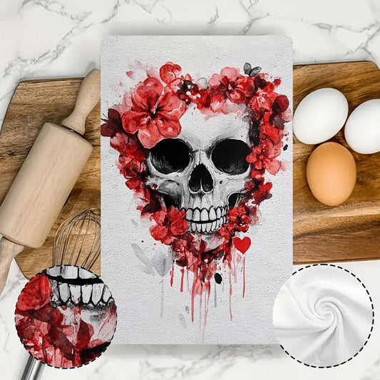 Set of 2 Ultra Soft Kitchen Towels featuring Valentine's Day Skull & Floral Heart Design, Perfect for Absorbing Spills and Easy Cleaning. Machine Washable Dish Hand Towels with Contemporary Coastal Decor, Size: 40.64x60.96 cm