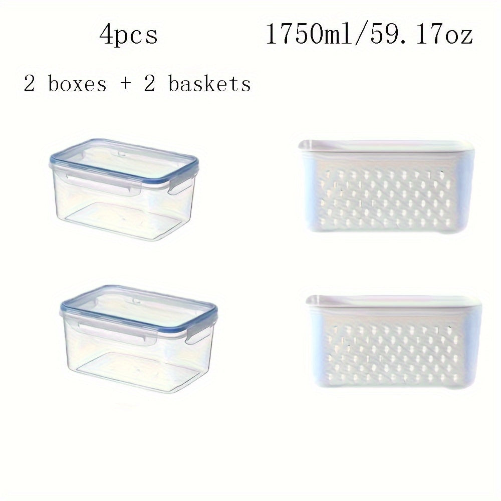 Premium Leak-Proof Food Storage Containers 4-Pack. BPA-Free with 2-Layer Airtight Design. Reusable and Stackable Kitchen Organizers, Ideal for Storing Fruits, Vegetables, Meat, and Grains in the Refrigerator. Made of Durable Plastic.