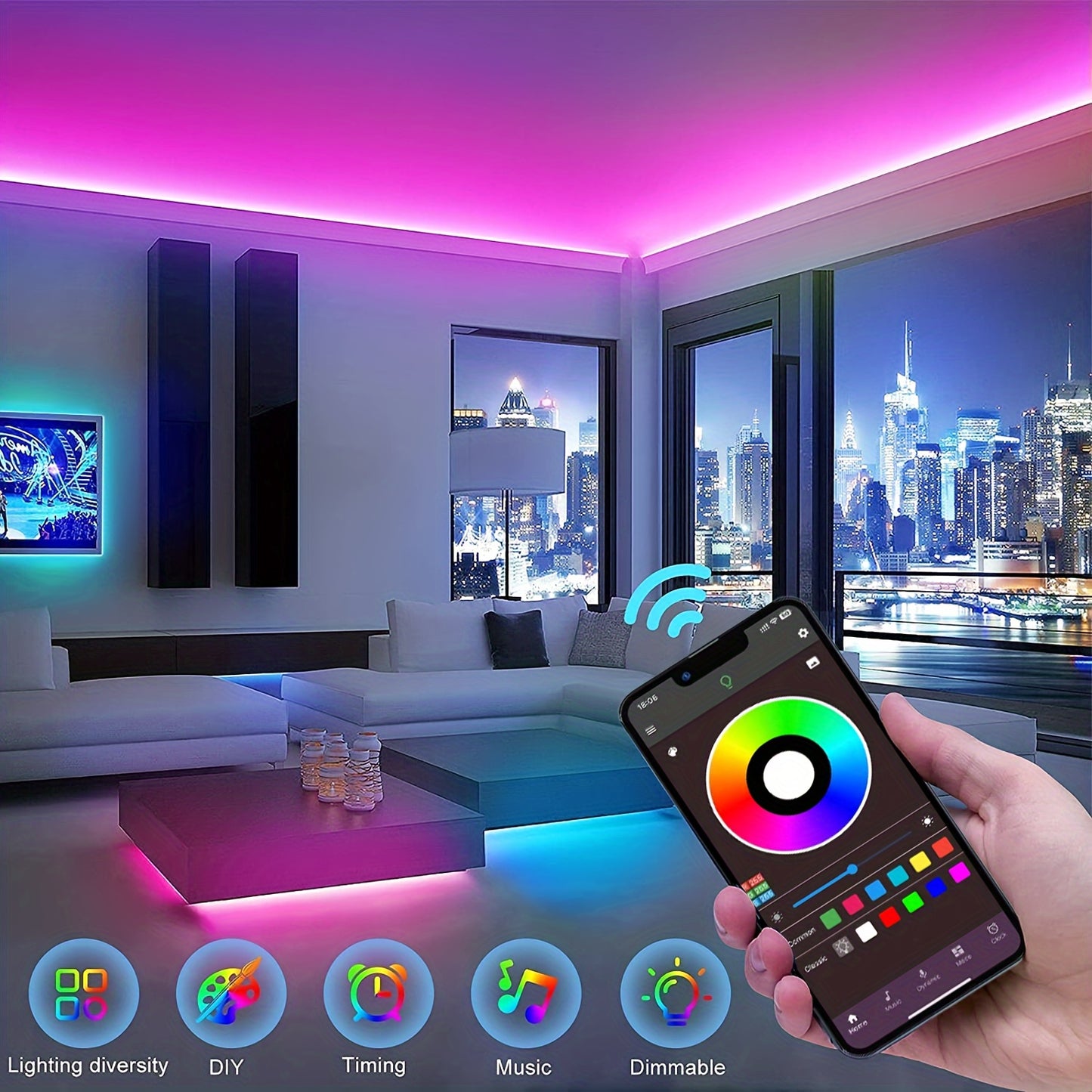 4.88-30.48m LED strip lights with remote and app control, timer, adjustable brightness, Music Sync for various room decoration and Valentine's Day ambiance.