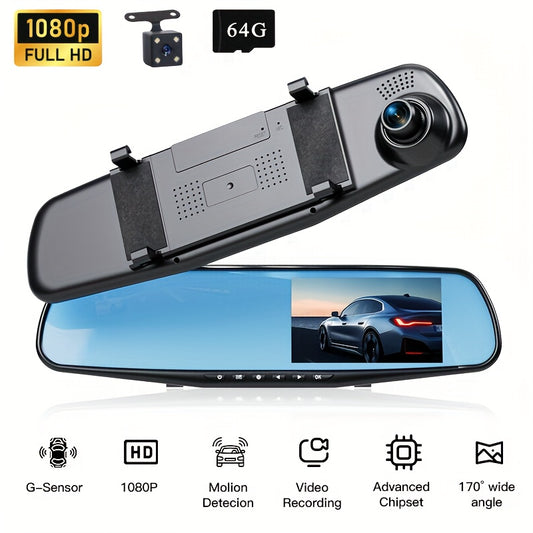 1080P HD dash cam with reverse image, front and rear double video, night vision, parking monitoring, automatic cycle, 64GB TF memory card. Compatible with all vehicle models for simple