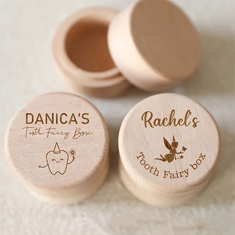 Personalized Round Wooden Tooth Fairy Keepsake Box, Custom Engraved with Name, Waterproof Wood Material, Perfect Gift for Boys and Girls, Great for Birthdays, Holidays, and Special Occasions, Pink Christmas Gift, Suitable for Ages 14 and up