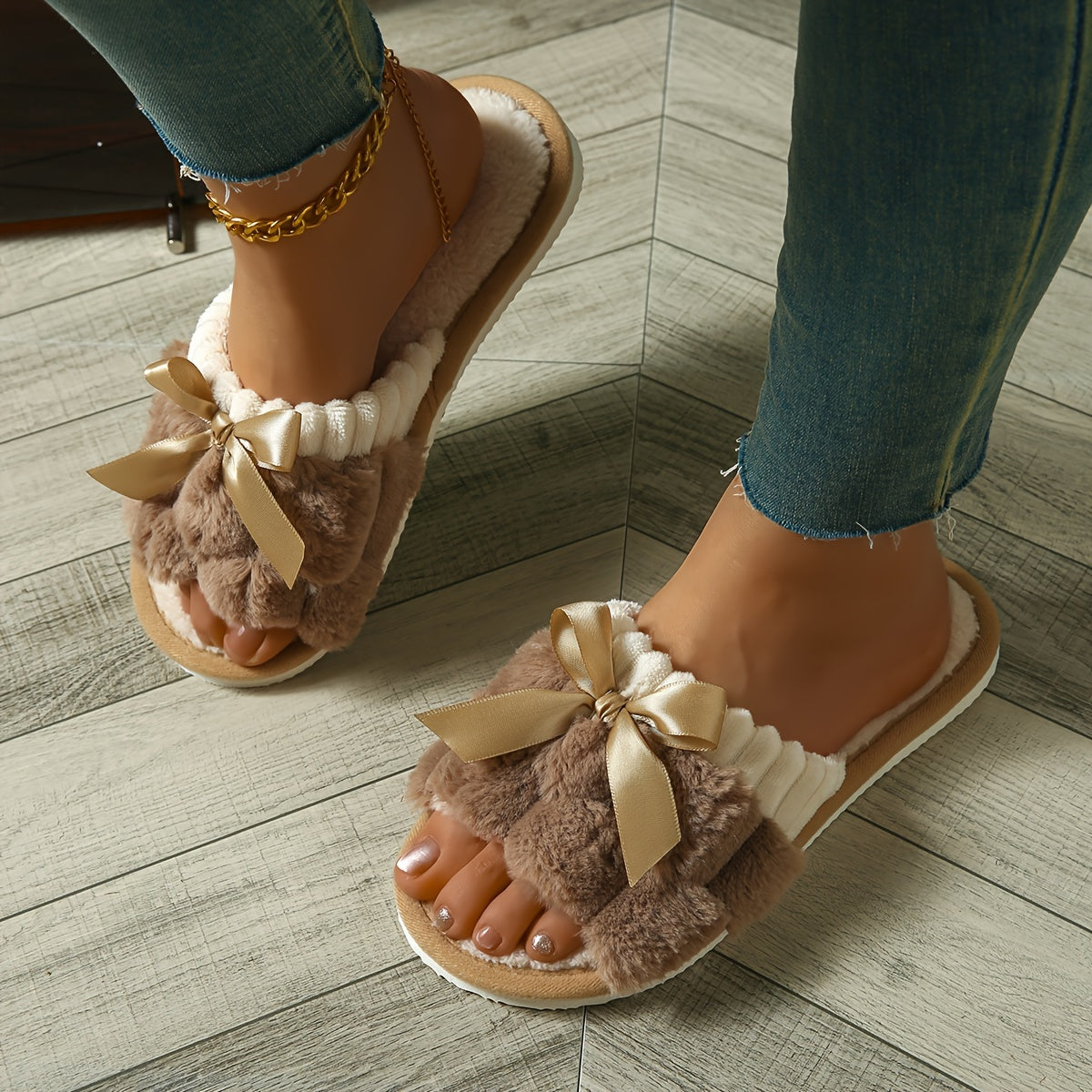 Cozy bowknot slippers with open toes for home comfort.