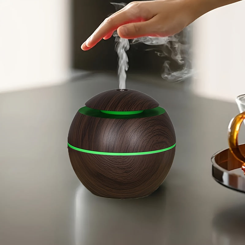 Hollow wood grain LED air humidifier with USB power, essential oil diffuser, 7-color night light, automatic off, mini cold mist for office, home, bedroom - alcohol free.