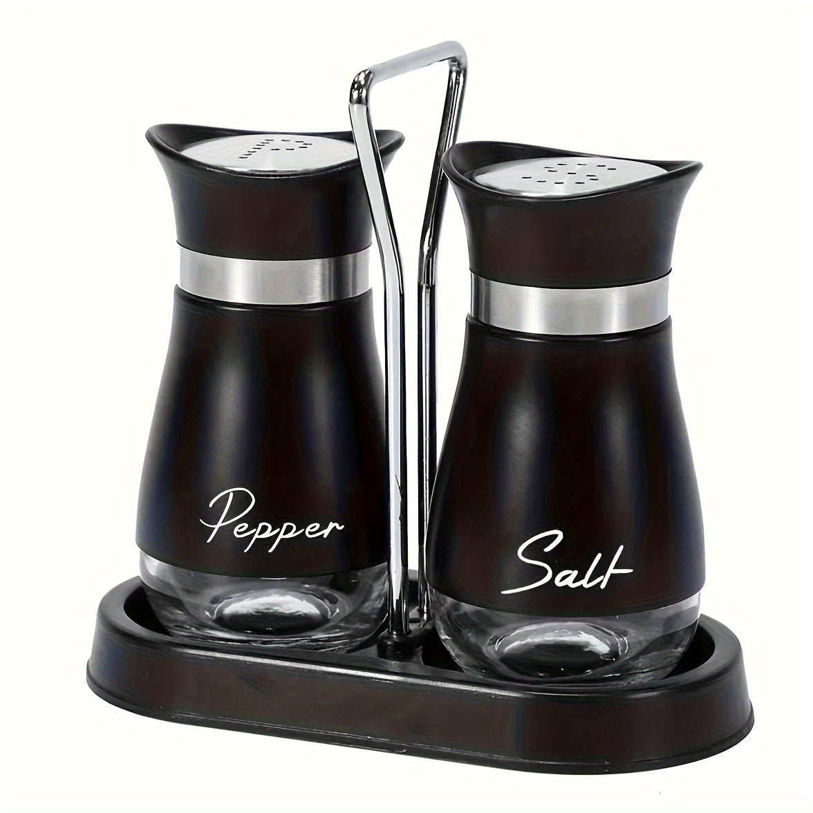 Stainless steel and leather salt and pepper shaker set with stand, perfect for kitchen gadgets and as a housewarming or Christmas gift.