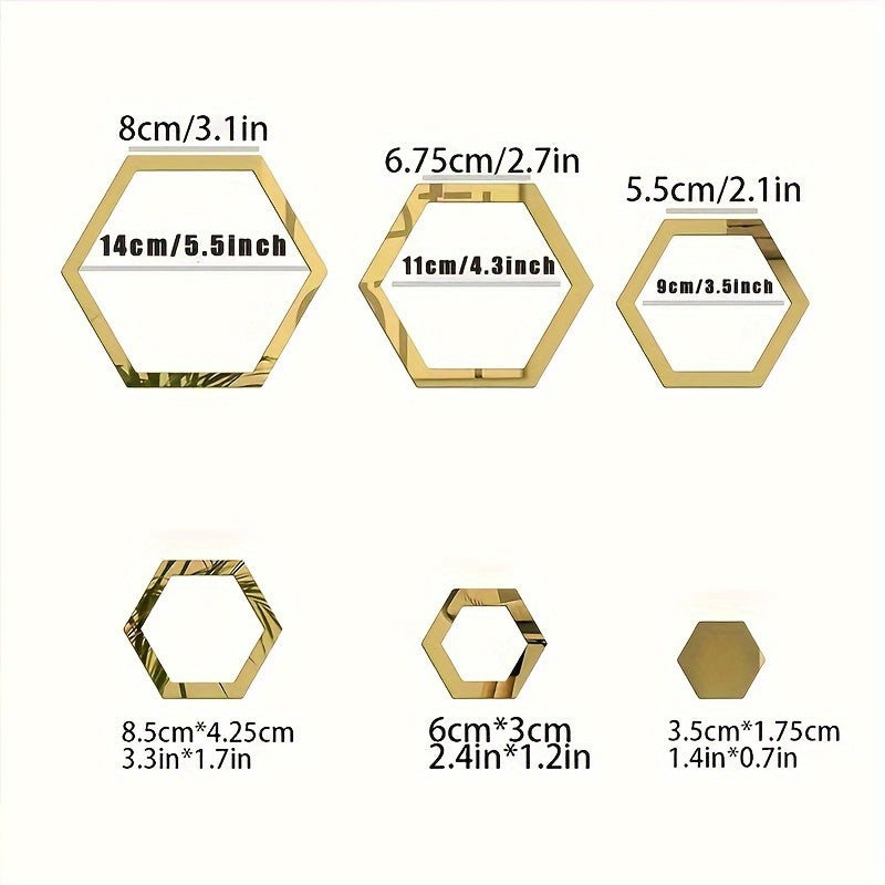 "Гексагональные 3D зеркальные наклейки на стену - Гламурный стиль, самоклеящиеся акриловые декали, полированная отделка, вертикальная ориентация, неправильная форма, портативные, не требуют электричества - Декор для дома и спальни."