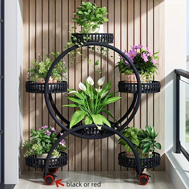 European-style metal hanging plant stand with wheels, multi-level mobile planter rack, circular design for indoors and outdoors.