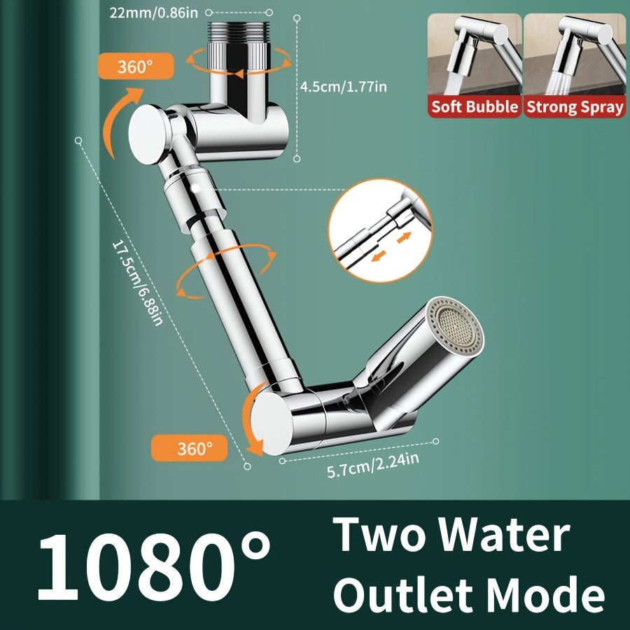 Universal rotating faucet made of 304 stainless steel with a 360° rotation tap, two water adjustment modes, splash-proof, and comes with two 60cm explosion-proof inlet hoses.