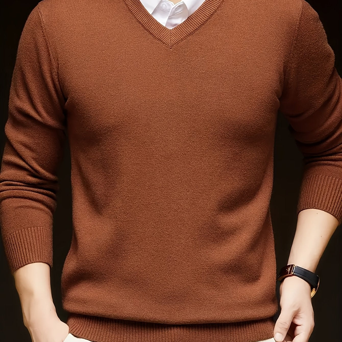 Solid color V-neck knit sweater for men, casual trendy long sleeve pullover, great as a gift.