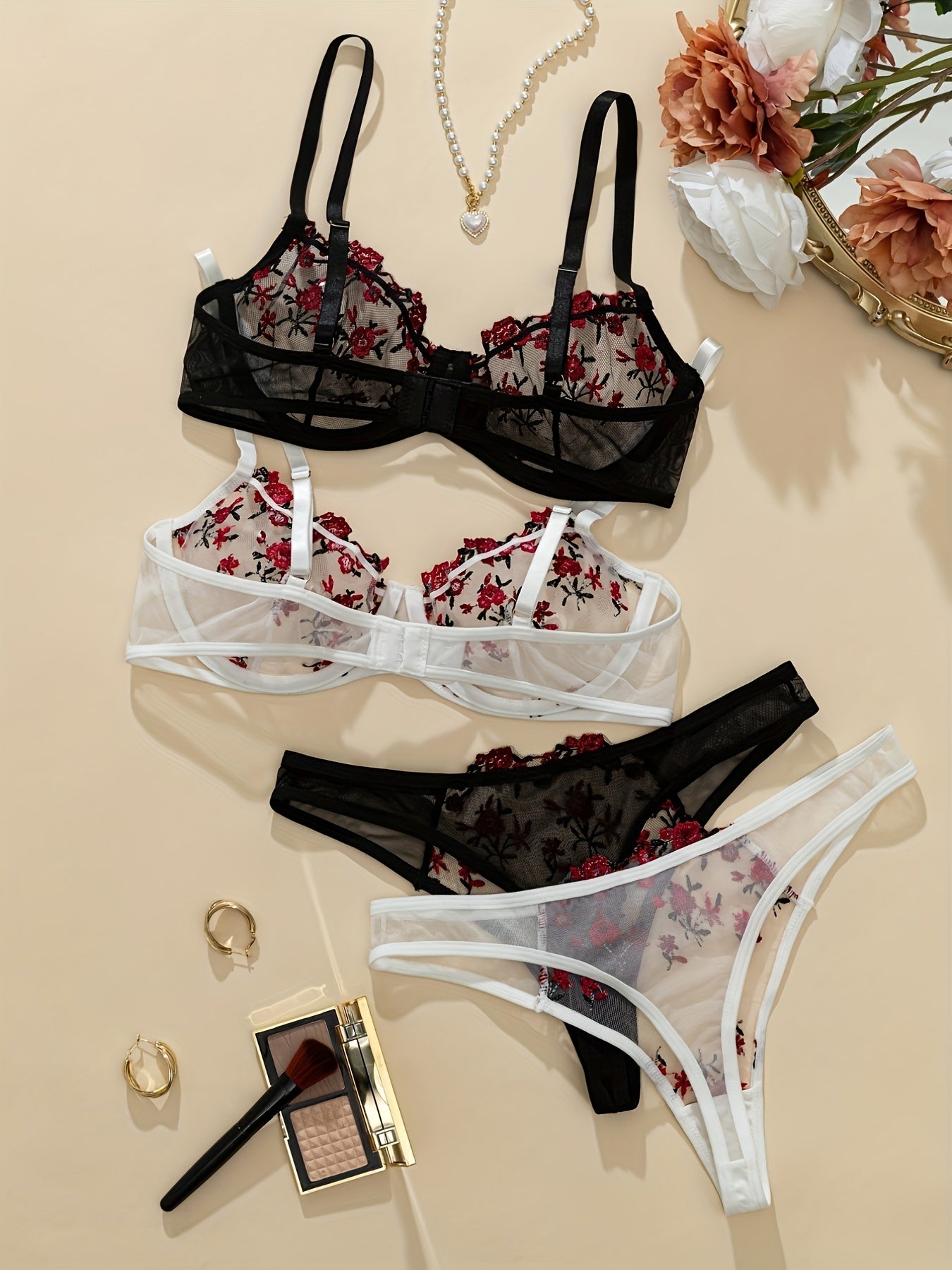 Sexy lingerie set with flower embroidery pattern mesh design, featuring a see-through bra and thong.