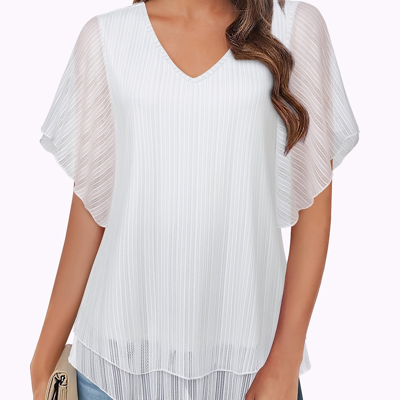 Women's Double Layer Mesh Blouses - Short Sleeve V Neck Tunic Tops