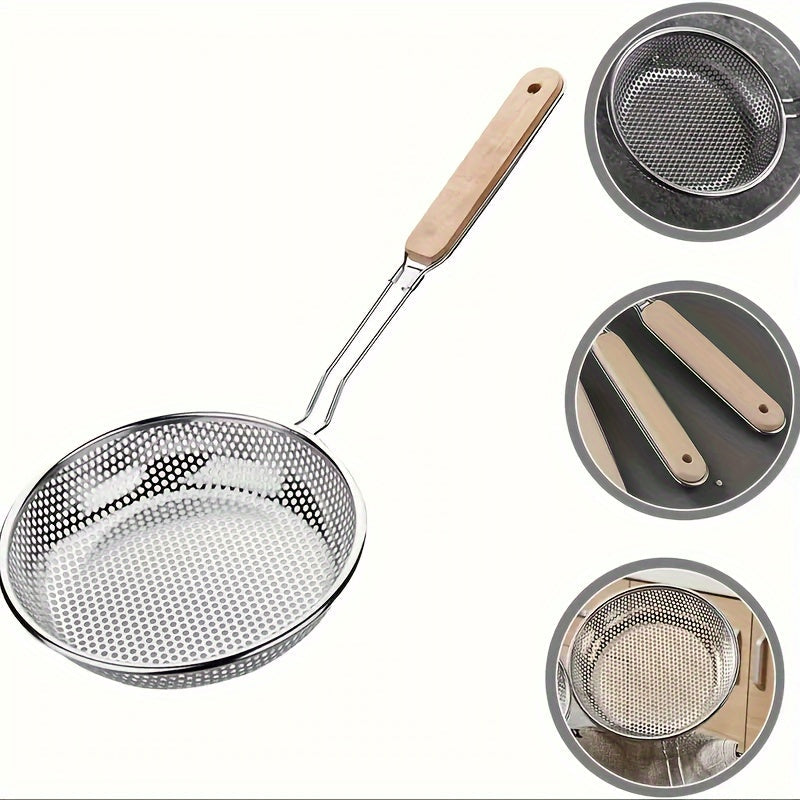 Get this durable Stainless Steel Hand Mixer and Skimmer Spoon Set for all your kitchen needs - perfect for blending eggs, baking ingredients, and preparing sauces. The set also includes a Wooden Handle Fine Mesh Strainer for sifting food, separating oil