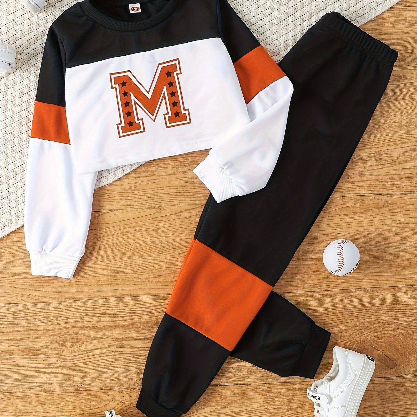 Kids' 2-piece spring & autumn set with letter print top & stitching trousers