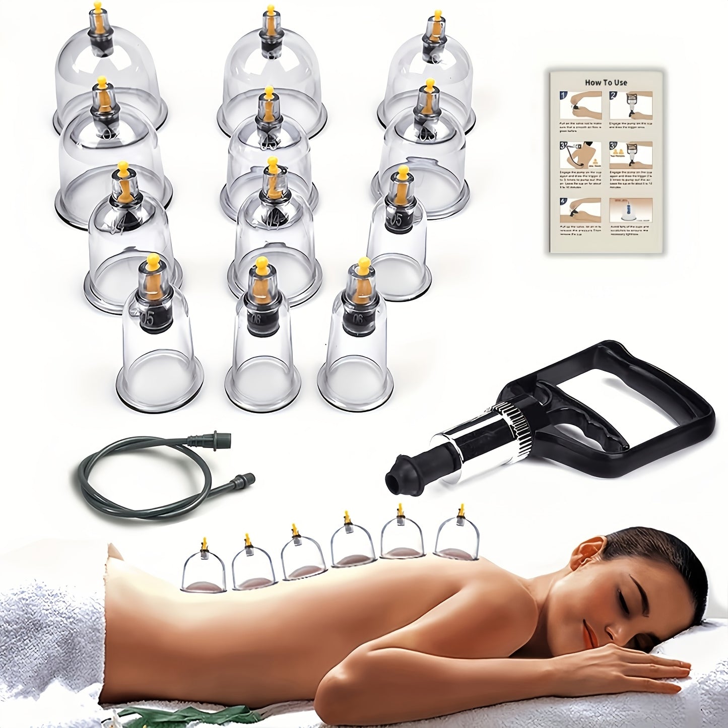 Set of 12 cupping sets with pump, professional Chinese Hijama massage kit. Includes 6 jar shapes, manual, extension tube, and black gift box.