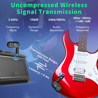 2.4GHz Wireless Guitar System with rechargeable transmitter and receiver set, in ABS material, black. Suitable for electric guitar, bass, and other musical instruments. Features a 30.48