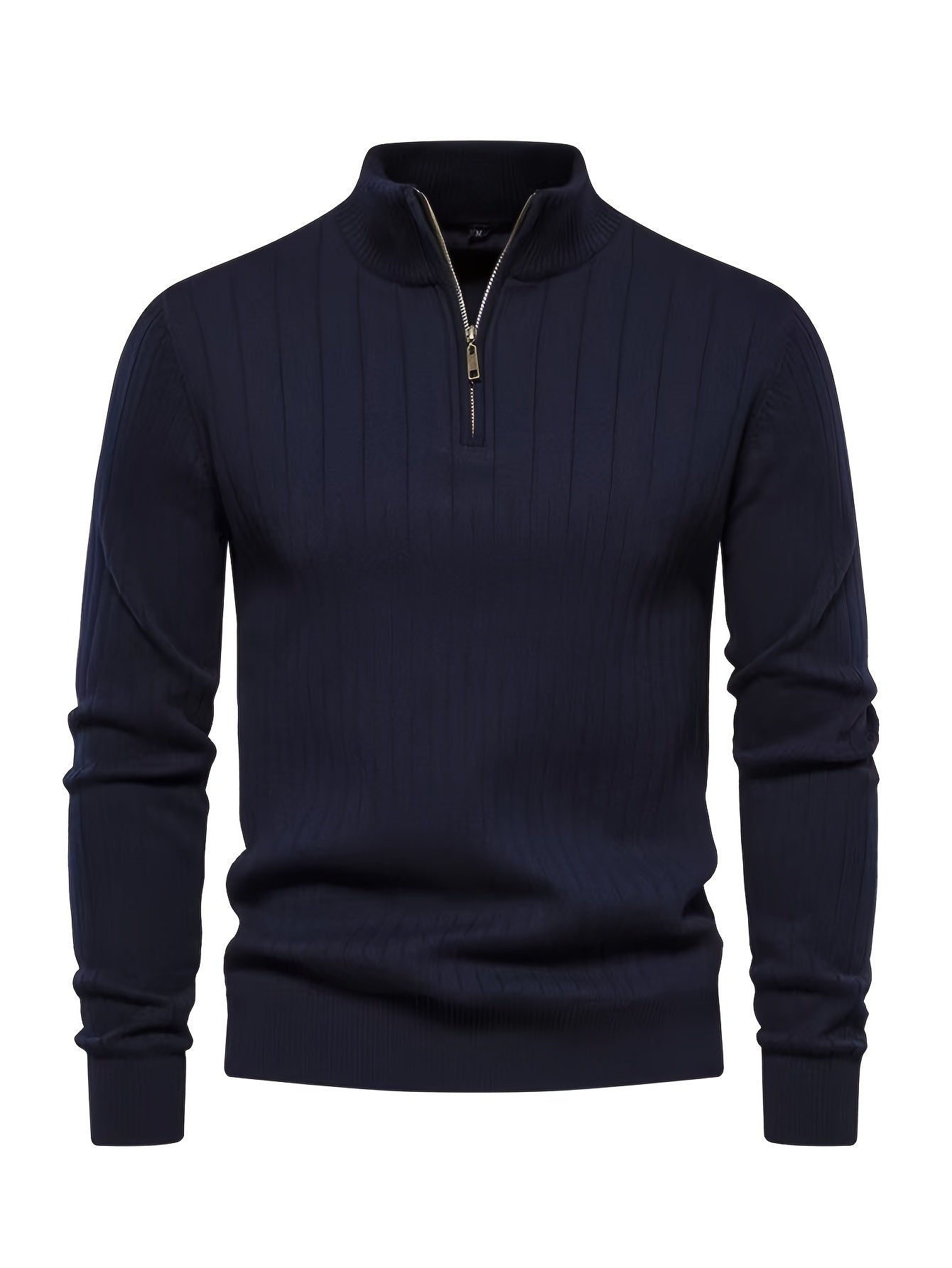 Men's stand collar zip-up sweater made of viscose blend with solid color, long sleeves, and regular fit, suitable for all seasons.