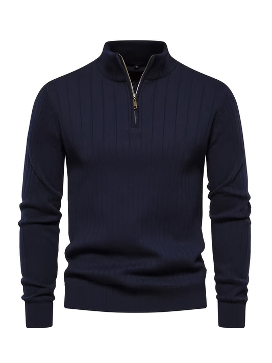 Men's stand collar zip-up sweater made of viscose blend with solid color, long sleeves, and regular fit, suitable for all seasons.