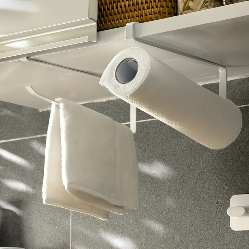 Simplify your kitchen with the 1pc Easy-Install Iron Kitchen Paper Towel Holder. This space-saving cabinet roll organizer requires no drilling and can also hold cling film and dishcloths. Its modern design makes it a stylish addition to your kitchen