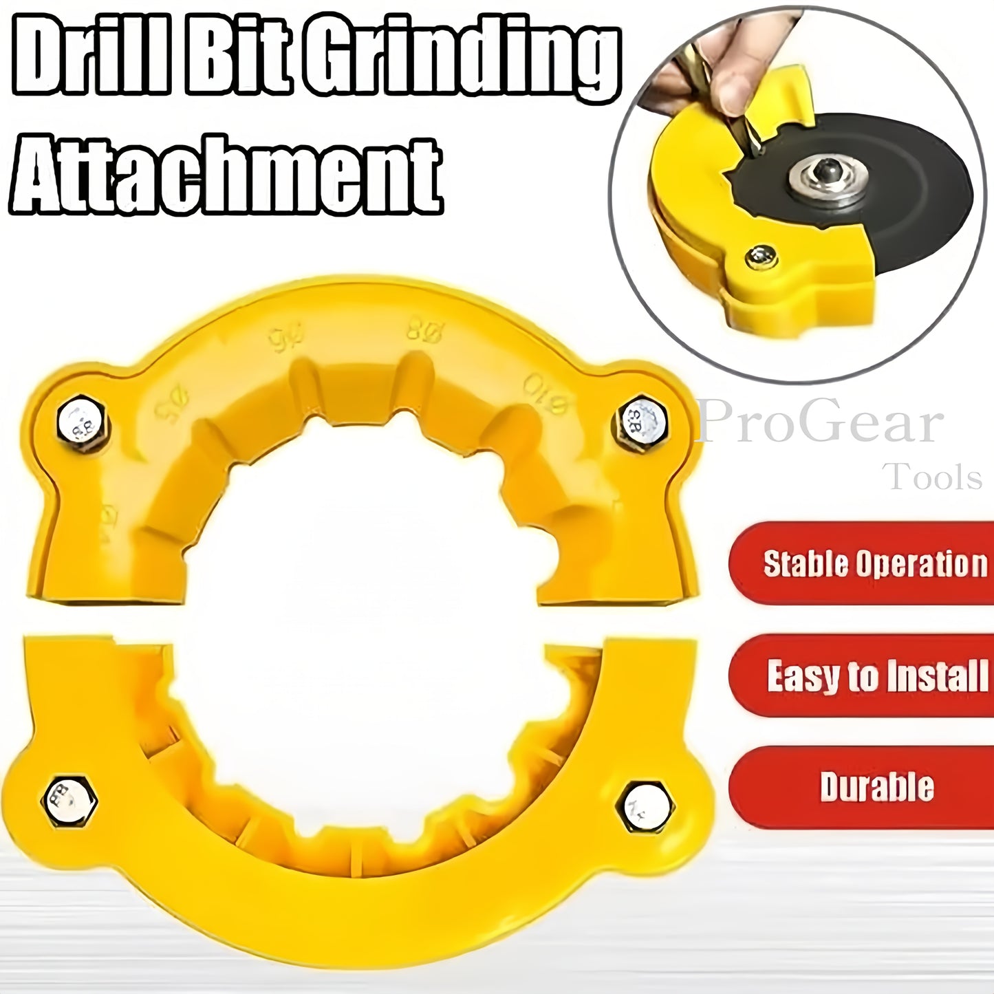 Universal drill bit sharpener compatible with all drill bits and angle grinder accessories.