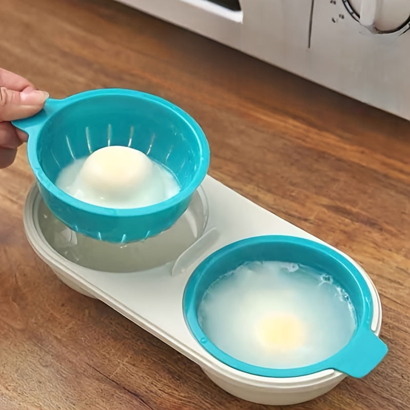 Get perfectly cooked eggs with this 1pc Dual Chamber Microwave Safe Egg Poacher, a non-stick plastic kitchen gadget that is safe for food contact.